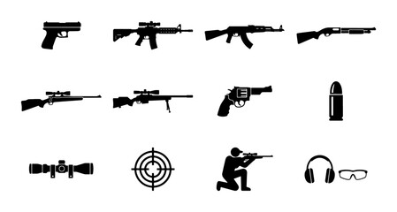 Military weapon silhouettes and shooting range icons, 12 vector elements of firearms and tactical gear, black gun collection for hunting and defense © Mamun