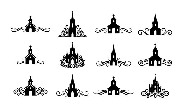 Vintage church silhouette icons with decorative flourishes, set of 12 religious building vector symbols, elegant cathedral and chapel logos for wedding stationery
