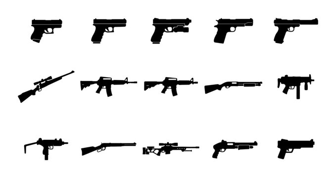Black firearm silhouettes set, 15 gun icons including pistols and rifles, military weapon vector collection for tactical design and security graphics