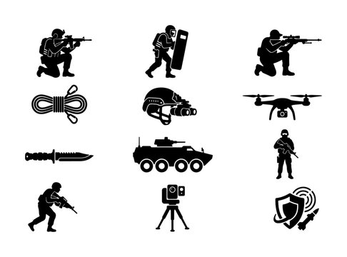 Military tactical icons set, 12 black soldier silhouettes and army equipment vectors, special forces combat gear and armored vehicle graphics