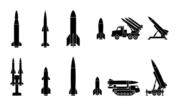 Military missile silhouettes and rocket launcher icons, 12 ballistic weapon vector elements, army artillery and defense system graphics