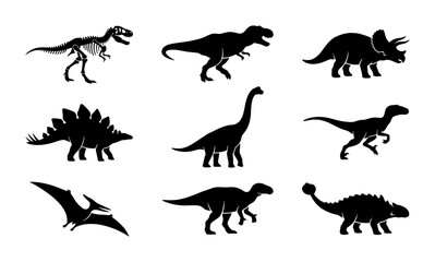 Dinosaur silhouette collection with 9 prehistoric animal icons, black t-rex and triceratops vector set, jurassic wildlife graphics for educational design © Tamanna