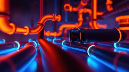 Fototapeta premium Neon pipes create futuristic tunnel. Bright red, blue lights illuminate complex system. Dark background emphasizes glowing structure.