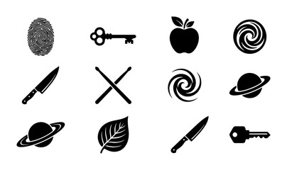 Minimalist black icon set with 12 vector elements, simple flat silhouette symbols including key, knife, apple, and planet, clean graphic design collection © Tamanna