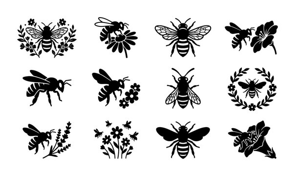 Vintage honey bee icons set, black silhouette bumblebee and flower illustrations, 12 nature vector elements for organic honey packaging and branding
