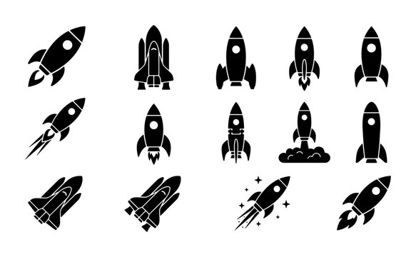 Rocket ship icon set, black silhouette space shuttle vector collection, minimalist spacecraft launch symbols for startup business and technology