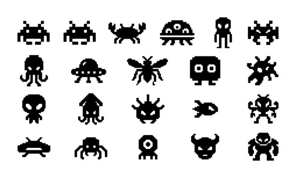 Retro pixel art alien icons set, 20 black silhouette space invaders and monster characters, vintage 8-bit gaming vector graphics for arcade UI