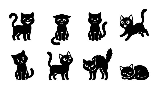 Black cat silhouette vector set, 8 cartoon kitten icons with different emotions, cute pet character collection in various poses and moods