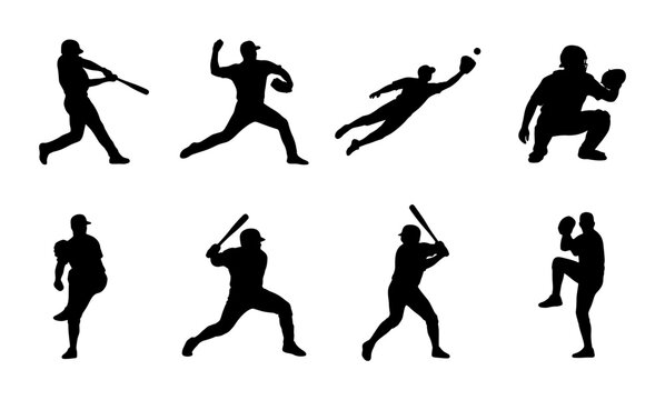 Baseball player silhouettes set, 8 vector icons of athletes batting pitching and catching, black sports action figures on white background