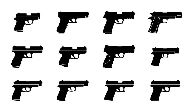 Black handgun silhouettes set, 12 pistol vector icons, modern firearm side view collection, tactical weapon graphic elements for security and defense