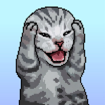 Pixel Art Illustration of a Stressed or Overwhelmed Grey Tabby Kitten with Paws on Head