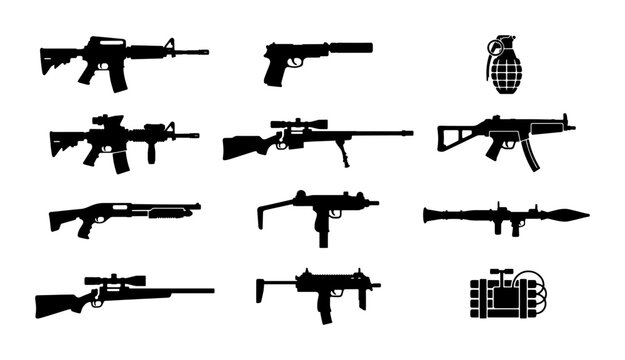 Military weapon silhouette collection, 12 black firearm and explosive icons, tactical assault rifle and handgun vector set for gaming and security