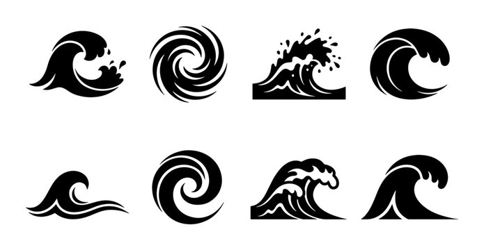 Stylized ocean wave icons set, black sea surf silhouettes, 8 decorative water splash and swirl vector elements for nautical branding and logo design