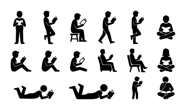 Minimalist reading people silhouettes, set of 16 black stick figure icons reading books, diverse poses of students and readers for education design