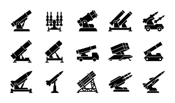Military missile launcher icons set, 15 black solid vector silhouettes of artillery and rocket systems, defense weapon equipment for war games