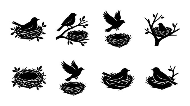 Black bird nest silhouette icons, set of 8 vector birdhouse and avian illustrations, minimalist nature wildlife graphics for logo design