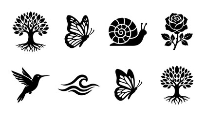 Minimalist nature icons set, black silhouette butterfly and tree vectors, 8 organic floral and animal elements for logo design and branding © Rubel