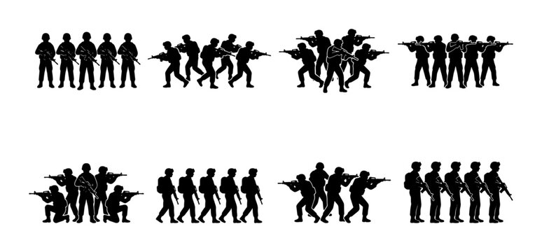 Military soldier silhouettes set, tactical infantry squad vector icons, armed forces personnel in combat poses, black army commando group collection