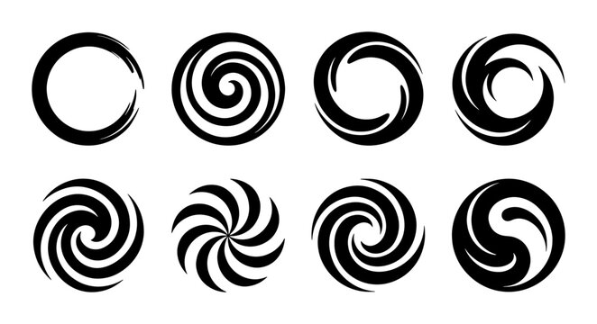 Abstract spiral swirl icons set, black circular vortex shapes, 8 minimalist geometric motion symbols, dynamic whirlpool and rotation vector elements