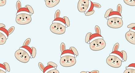 Fototapeta premium Festive seamless pattern featuring cute bunny heads wearing red and white santa hats on a soft light blue background.