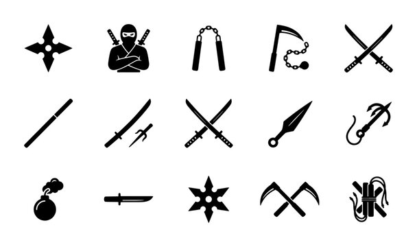 Ninja weapon icon set with 15 black vector silhouettes, traditional Japanese shinobi equipment, martial arts combat tools and assassin gear