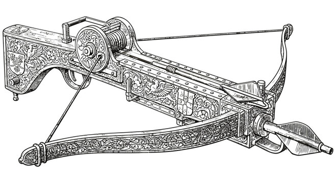 Medieval crossbow with intricate designs and a bolt ready for launch