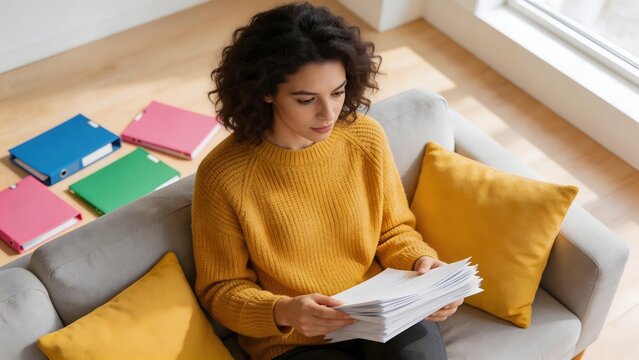 Woman reading papers on couch