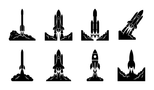 Minimalist rocket launch icons set, black silhouette space shuttle vector collection, 8 spacecraft takeoff symbols for startup and technology branding