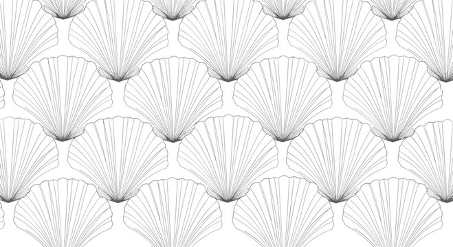 Elegant seamless pattern of stylized seashell fans created with fine vertical lines on a white background.