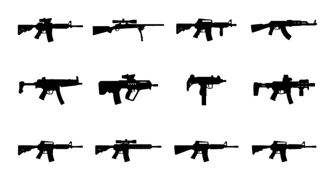 Military assault rifle silhouettes set, 12 tactical weapon icons, black firearm vector collection, automatic gun and sniper rifle graphics
