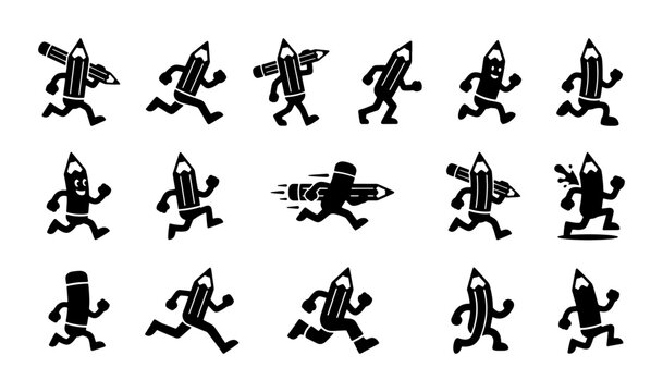 Retro cartoon pencil character set, 17 vintage mascot icons in running poses, black and white hand drawn doodle stationery elements for creative branding