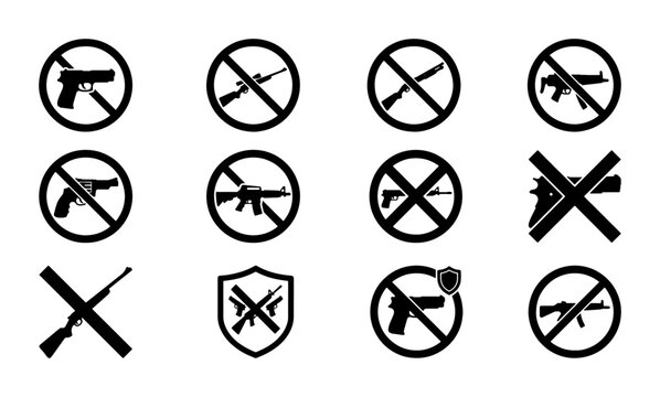 Prohibited weapons icons set, no guns allowed warning signs, black silhouette firearm restriction symbols, 12 vector elements for security zones