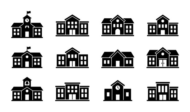 School building icon set, black silhouette educational institutions vector, collection of 12 university and college exterior symbols for academic maps