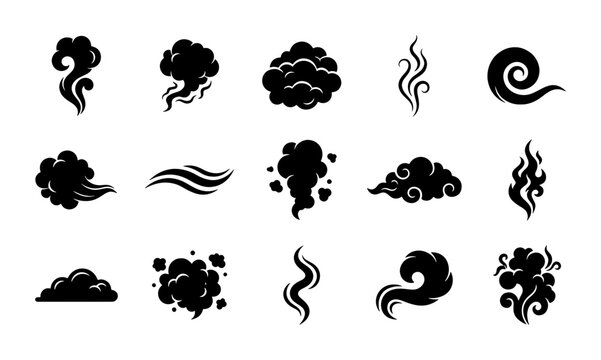 Smoke and steam cloud silhouettes, black vapor trail icons, 15 comic style wind and gas puff vector elements for motion graphics and infographics