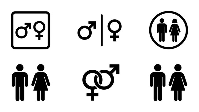Gender symbols and restroom icons set, black male and female toilet signs, 6 vector elements for public navigation and washroom wayfinding