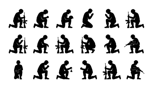Military soldier silhouette set, 18 kneeling army veteran icons, praying and mourning infantry figures, black vector graphics for memorial day