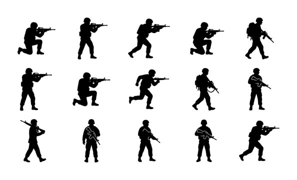 Military soldier silhouettes set with 15 tactical poses, armed special forces infantry figures, army commando vector icons for combat and war gaming