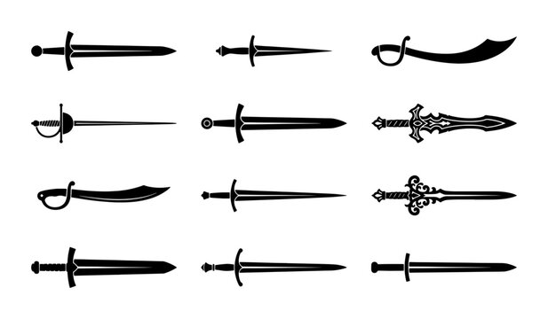 Medieval sword silhouette collection, 12 historical weapon icons, black steel blade and dagger vector set, fantasy warrior equipment for gaming and heraldry