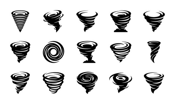 Tornado and hurricane icons set, black swirl wind storm silhouettes, 15 weather disaster vector elements for climate and meteorology graphics