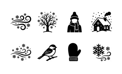 Winter weather icon set, black silhouette seasonal symbols, 8 vector elements featuring snowflakes, wind, cabin, and bird for cold climate design © Ariful