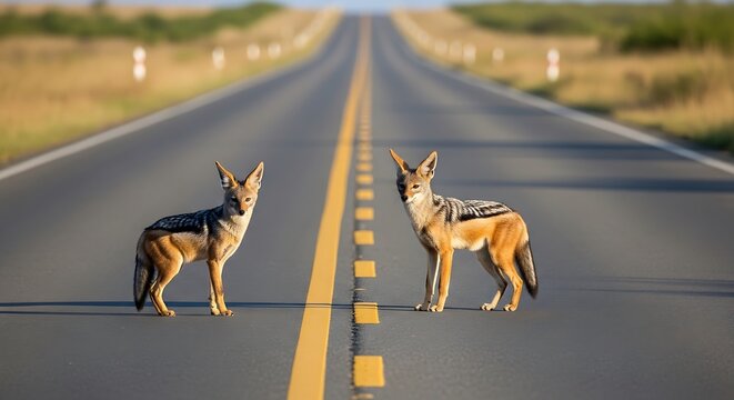 Two jackals stand alert on an asphalt roadway facing forward