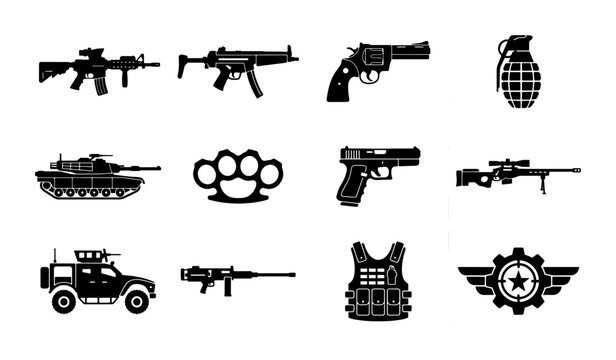 Military weapon icons set, black silhouette tactical equipment and firearms collection, 12 vector war and defense symbols for gaming and security