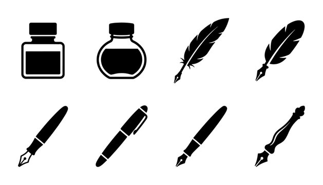 Vintage fountain pen and ink bottle icons, 8 black quill and calligraphy pen vector elements, antique writing tools and stationery set