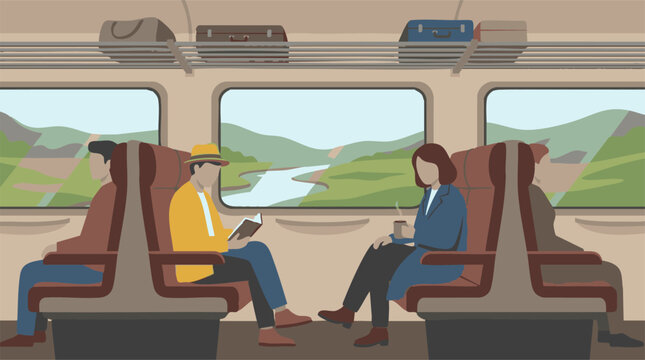 People traveling by train, enjoying the scenic view and comfortable journey