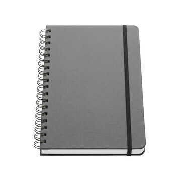 Isolated gray spiral notebook with elastic band closure, blank pages, and textured cover, simple office supply object