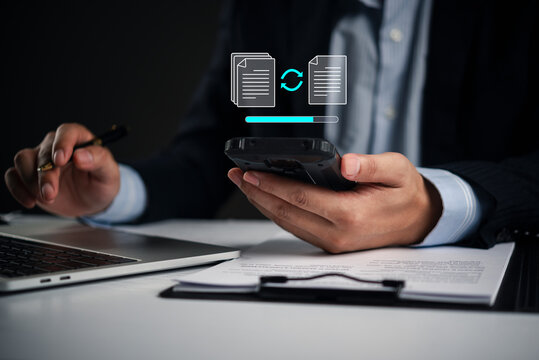 Close up hands operating smartphone synchronizing electronic documents virtual storage system innovation global communication information exchange business efficiency progress.