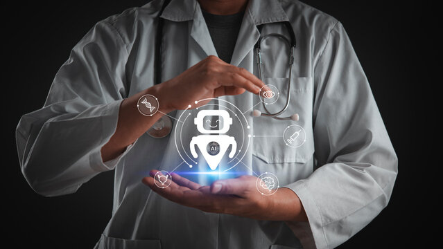 Physician hands protecting holographic AI health assistant icons DNA brain surgery automation future medicine technology research innovation clinical informatics workflow tech.