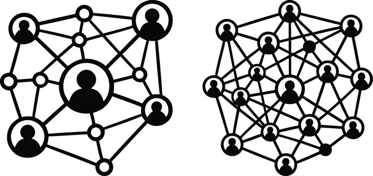 Professional black and white vector illustration of social network connections and human silhouette profile icons representing team collaboration and digital communication.