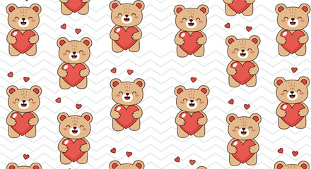 Obraz premium Adorable seamless pattern of cute teddy bears holding red hearts on a light grey chevron background with small floating red hearts.
