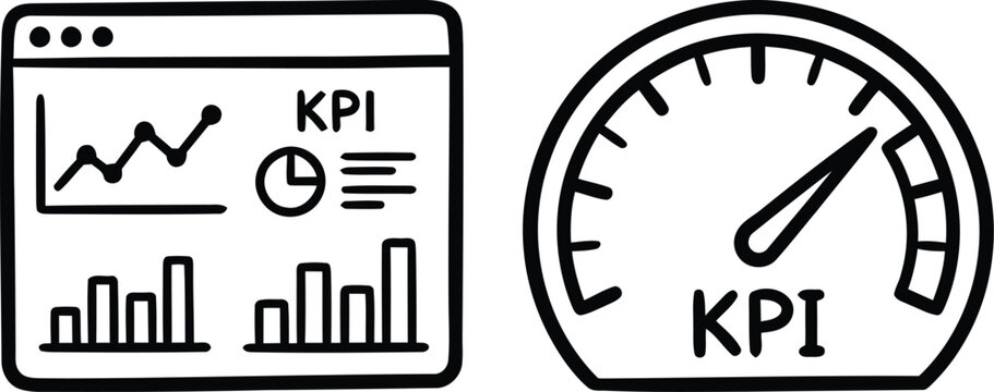 Professional vector icons illustrating key performance indicator metrics including a digital dashboard with charts and a speed gauge for business performance monitoring